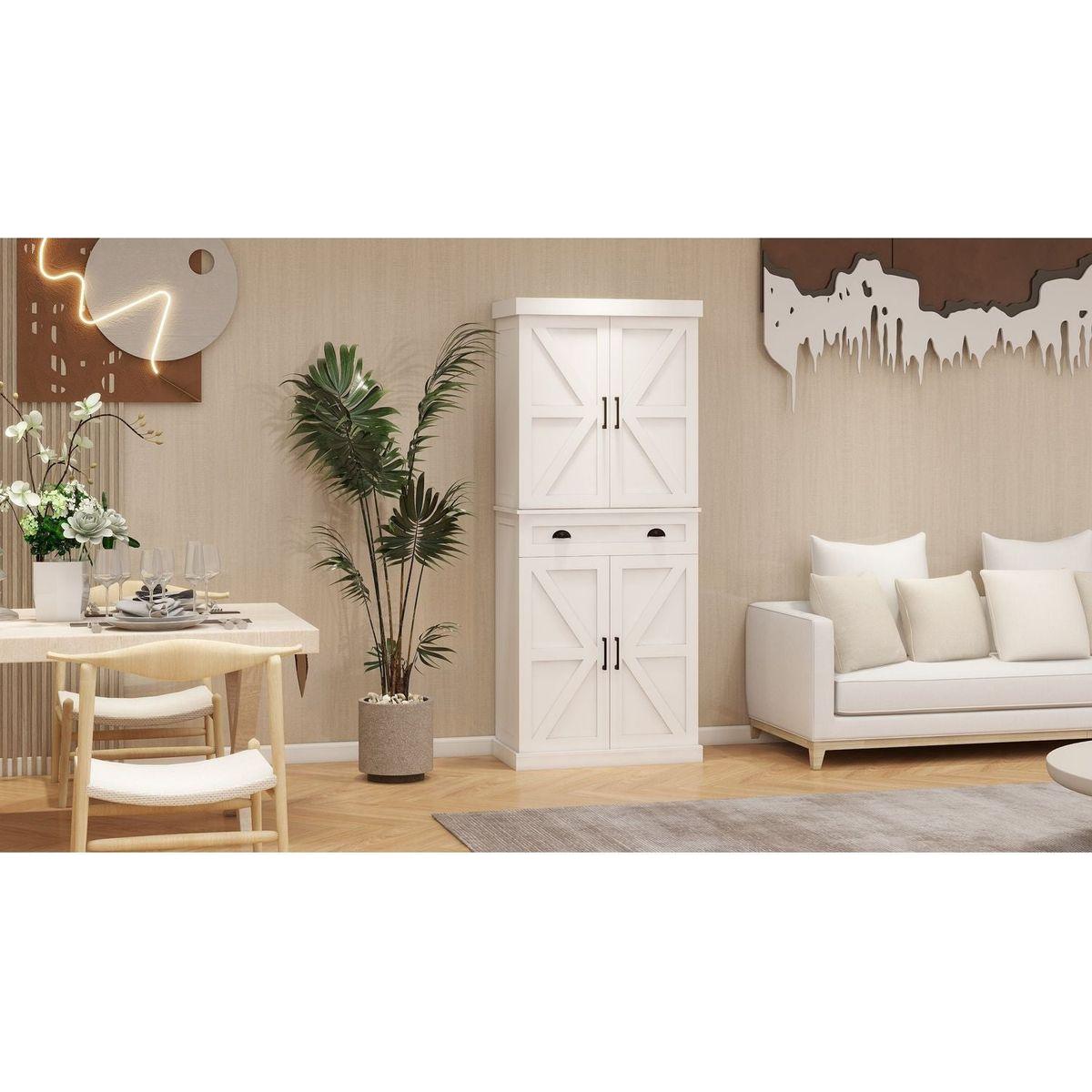 71" Kitchen Pantry Storage Cabinet with 4 Doors(2Doors with Racks),1 Drawer, 2 Adjustable Shelves, Freestanding Cupboard for Kitchen, Dining Room and Living Room-White