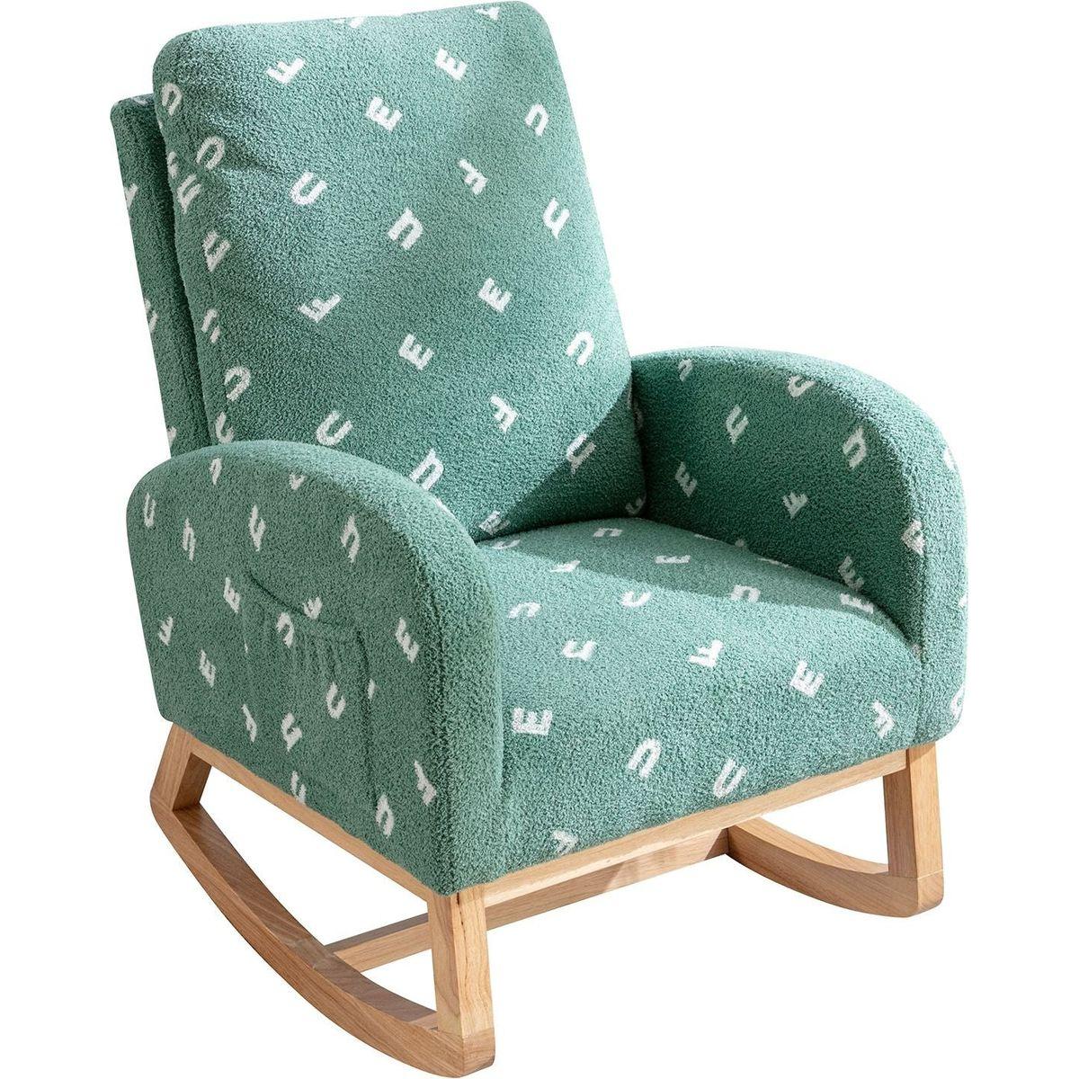 26.8"W Modern Rocking Chair for Nursery, Mid Century Accent Rocker Armchair With Side Pocket, Upholstered High Back Wooden Rocking Chair for Living Room Baby Kids Room Bedroom, Green Boucle