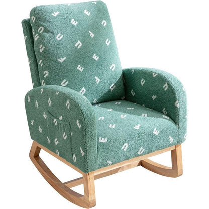 26.8"W Modern Rocking Chair for Nursery, Mid Century Accent Rocker Armchair With Side Pocket, Upholstered High Back Wooden Rocking Chair for Living Room Baby Kids Room Bedroom, Green Boucle