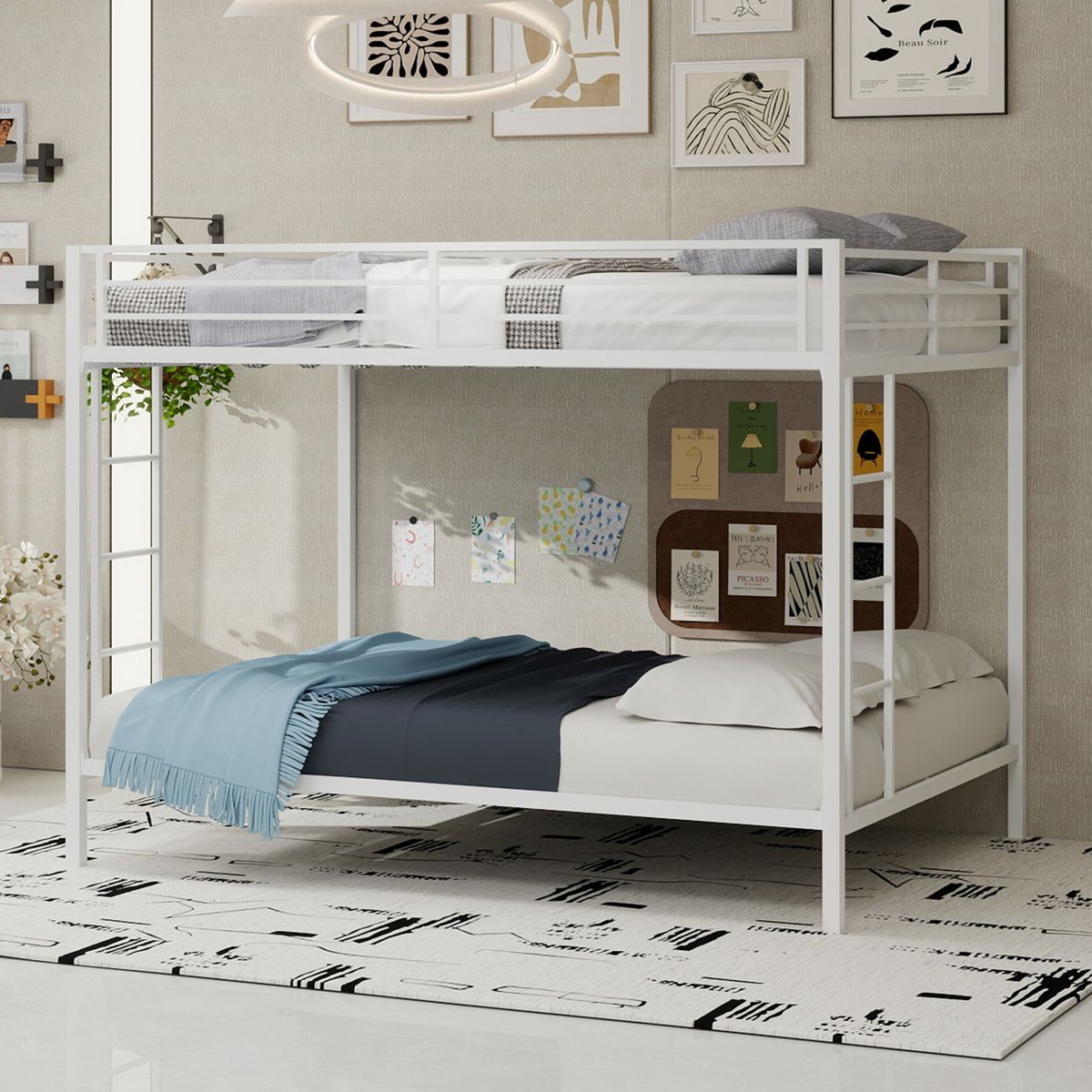 Multi -Functional Square Tube Iron Bunk Bed, Full - Size Upper & Full - Size Lower Bed, Robust Metal Frame Resists Wear, Ideal for Optimizing Vertical Space in Any Room-Full Size - 137cm x 190cm-White
