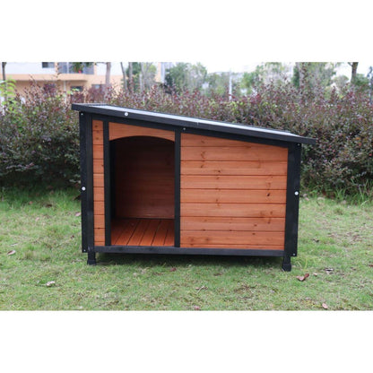 46"Dog House Outdoor & Indoor Wooden Dog Kennel for Winter with Raised Feet Weatherproof for Large Dogs(Gold red and black)PVC waterproof roof(L)
