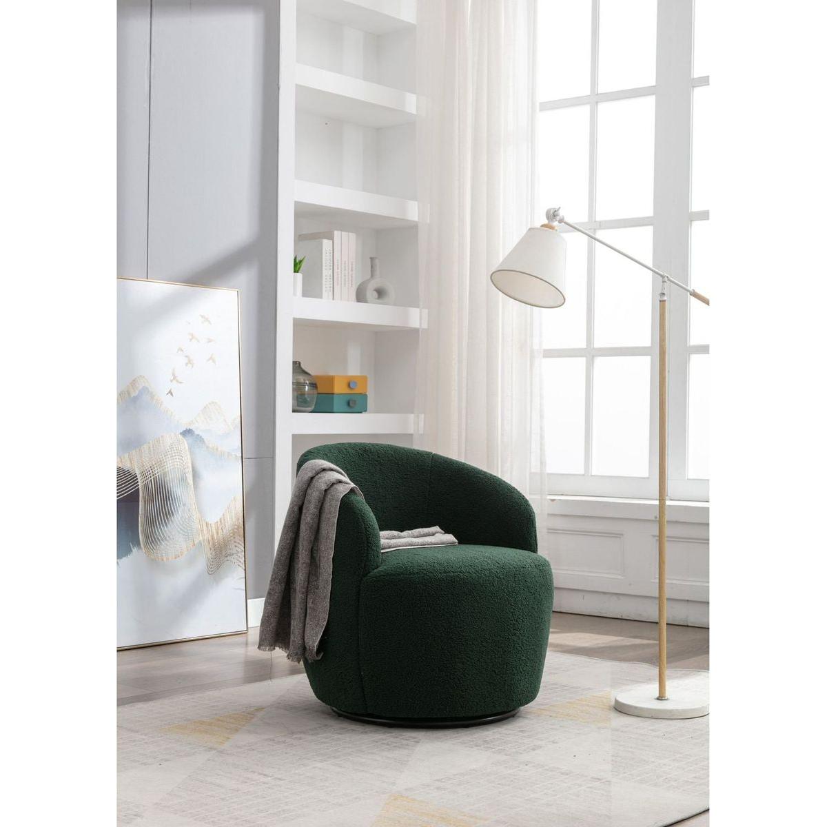 Teddy Fabric Swivel Accent Armchair Barrel Chair With Black Powder Coating Metal Ring,Dark Green