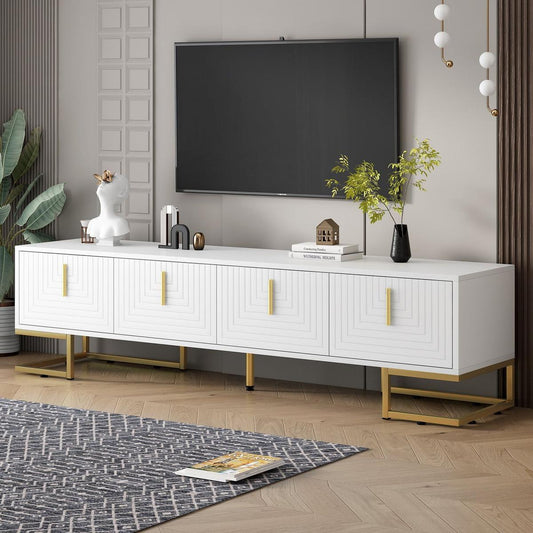 Modern TV Stand with Metal Legs and Gold Handles for TVs Up to 80", Media Console Table with Cabinets and Adjustable Shelves, Luxury TV Cabinet with Geometric Lines for Living Room, White