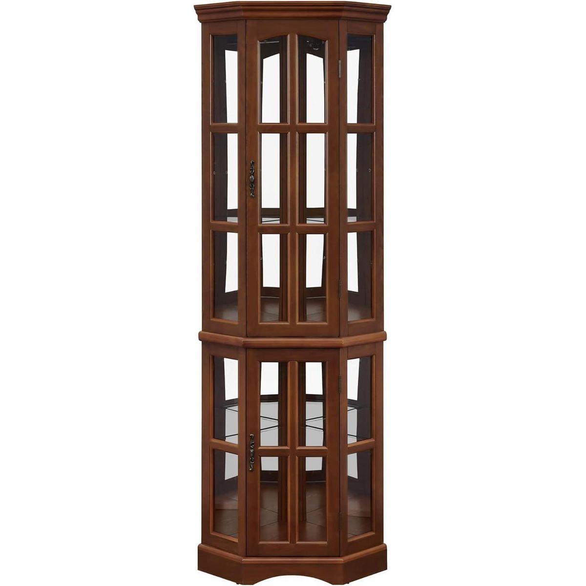 Corner Curio Cabinet with 5 Shelves and Lighting System, Walnut