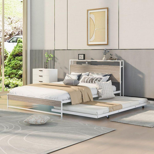 Queen Size Metal Platform Bed Frame with Trundle, USB Ports and Slat Support, No Box Spring Needed White