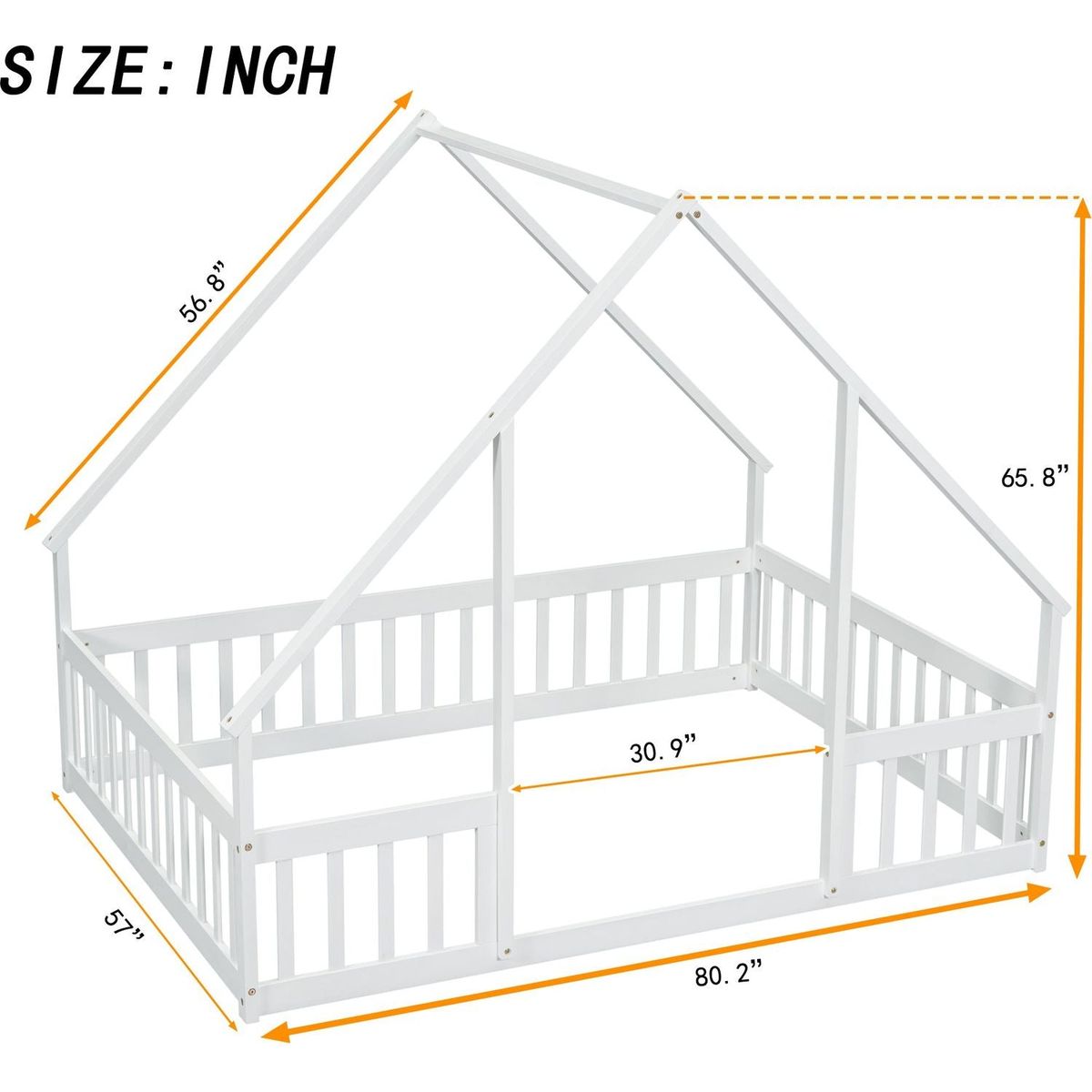 Full Wood House-Shaped Floor Bed with Fence, Guardrails,White
