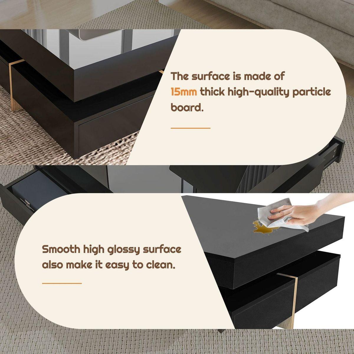 Modern High Gloss Coffee Table with 4 Drawers, Multi-Storage Square Cocktail Tea Table with Wood Grain Legs, Center Table for Living Room, 31.5"x31.5", Black