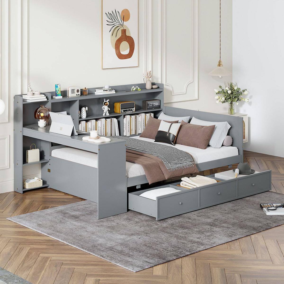 Full Size Wooden Daybed With 3 Drawers, USB Ports and desk , Gray
