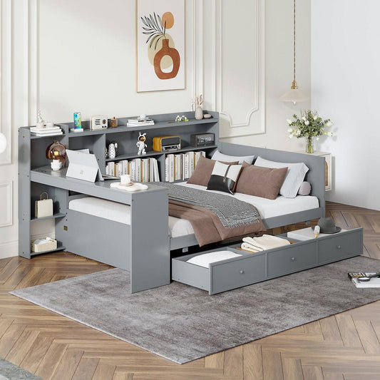 Full Size Wooden Daybed With 3 Drawers, USB Ports and desk , Gray