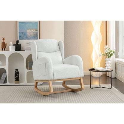 Teddy Fabric Rocking Chair With Packet Wood Legs,Ivory