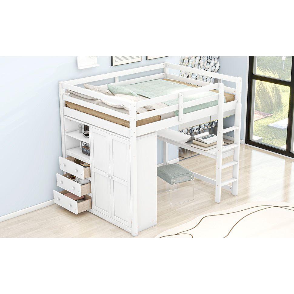 Wood Full Size Loft Bed with Built-in Wardrobe, Desk, Storage Shelves and Drawers, White