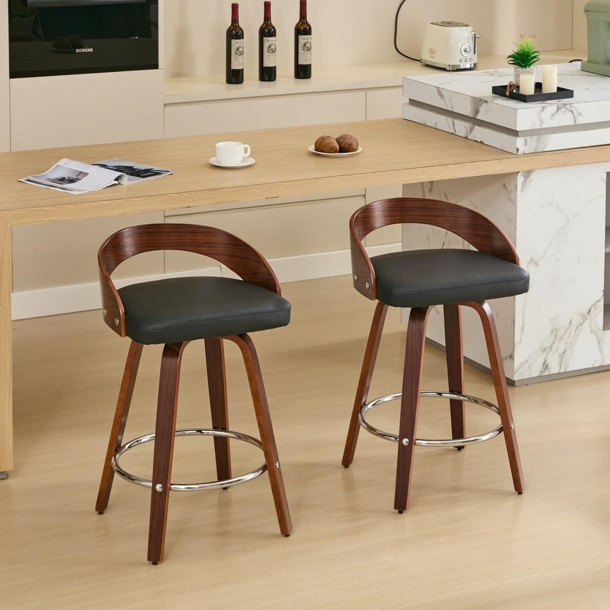 Bar Stools Set of 2, Swivel Bar Height Stools with Low Back, Wood Bar Chairs with Soft Cushion Seat, 25-Inch Seat Height (Black, 25" Counter Height) - Streamdale Furniture