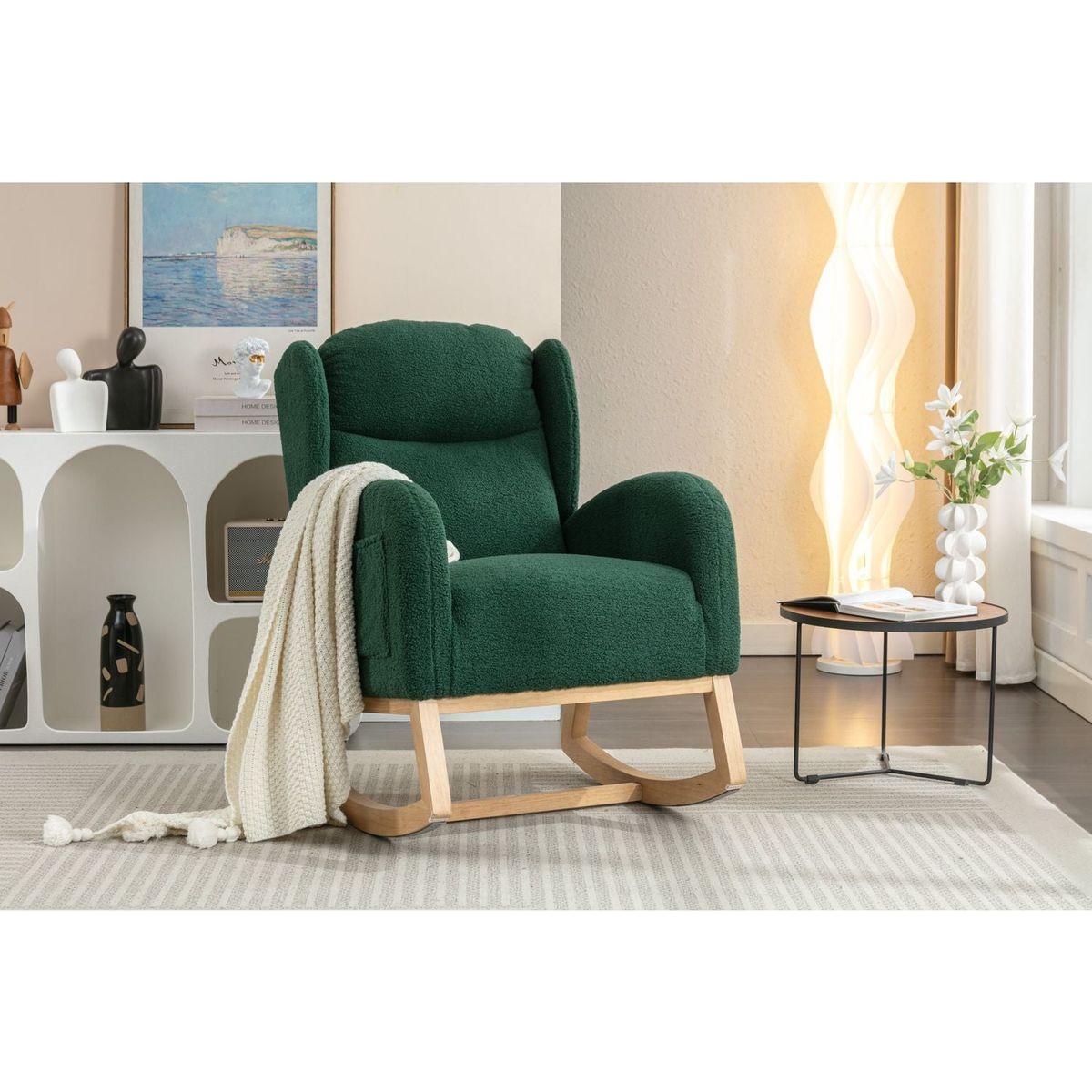 Teddy Fabric Rocking Chair With Packet Wood Legs,Green
