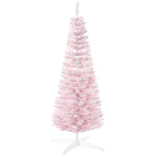 HOMCOM 5' Snow Flocked Artificial Pencil Christmas Tree, Slim Xmas Tree with Realistic Branches and Plastic Base Stand for Indoor Decoration, Pink
