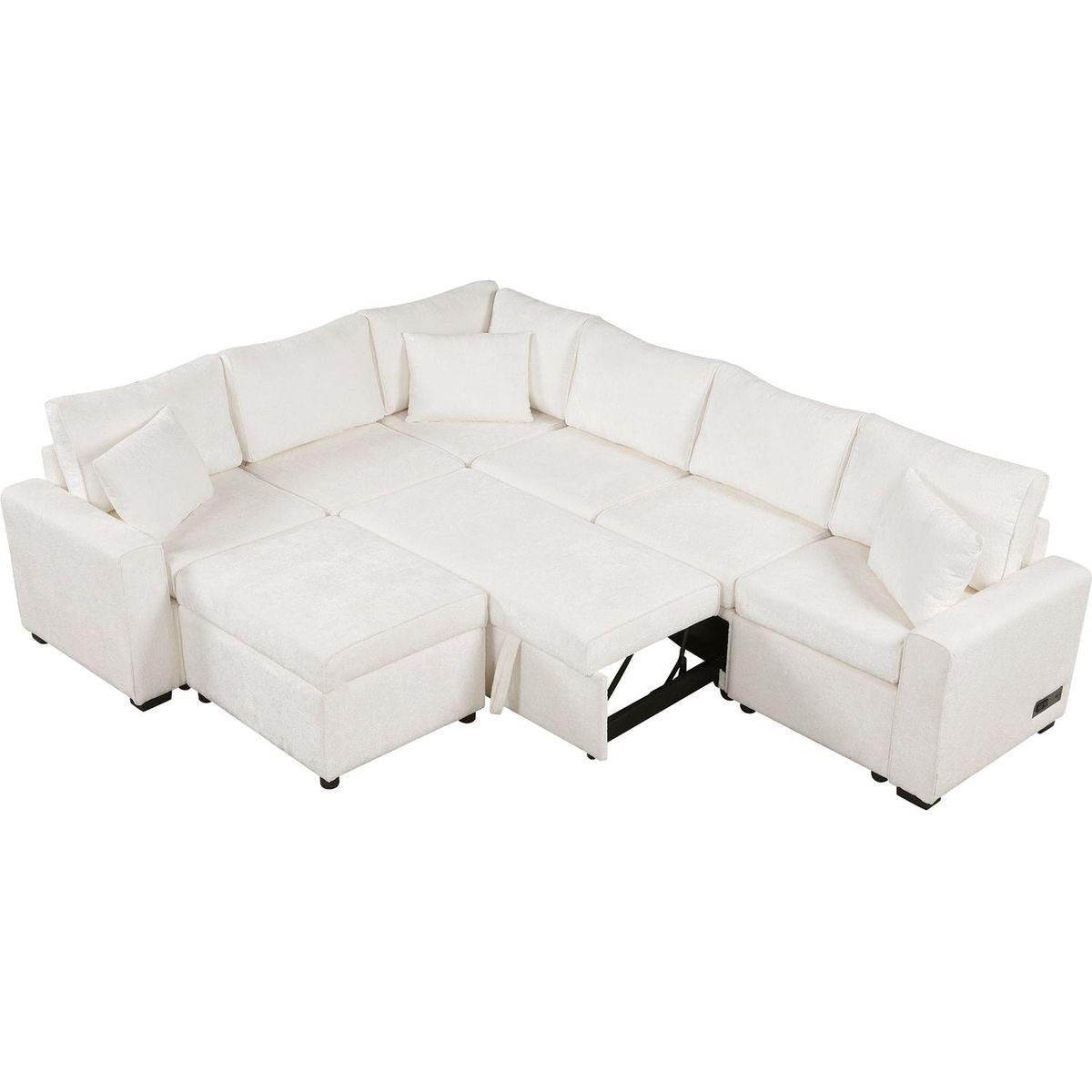 112.2" Sectional Sofa Pull-out Sofa Bed Sleeper with a Storage Ottoman,Three Pillows and Charging Devices for Living Room, Cream