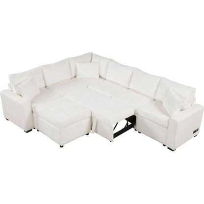 112.2" Sectional Sofa Pull-out Sofa Bed Sleeper with a Storage Ottoman,Three Pillows and Charging Devices for Living Room, Cream