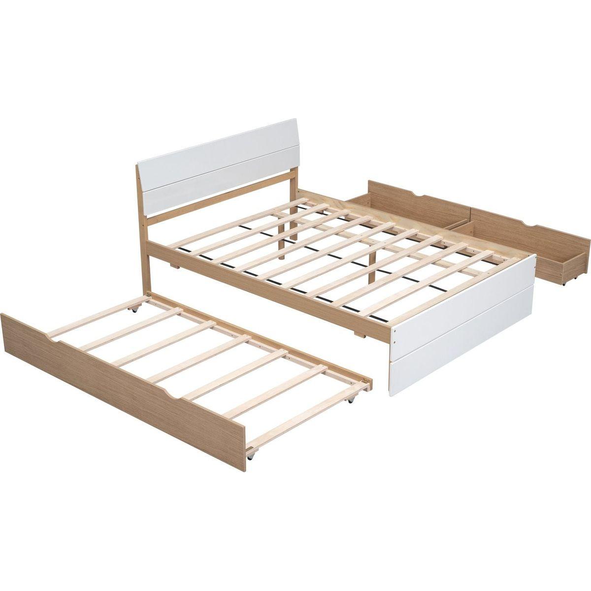 Modern Full Bed Frame With Twin Size Trundle And 2 Drawers For White High Gloss With Light Oak Color