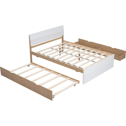 Modern Full Bed Frame With Twin Size Trundle And 2 Drawers For White High Gloss With Light Oak Color