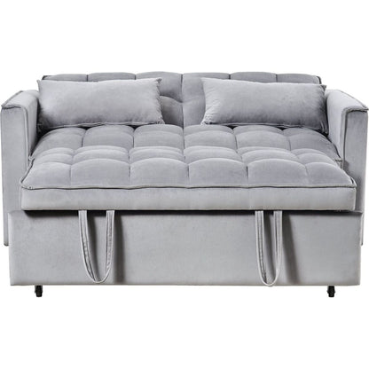 3 in 1 Convertible Sleeper Sofa Bed, Modern Pull Out Couch Bed, Adjustable Backrest, Velvet Loveseat Futon Sofa with Pillows & Pockets for Living Room Apartment, Grey