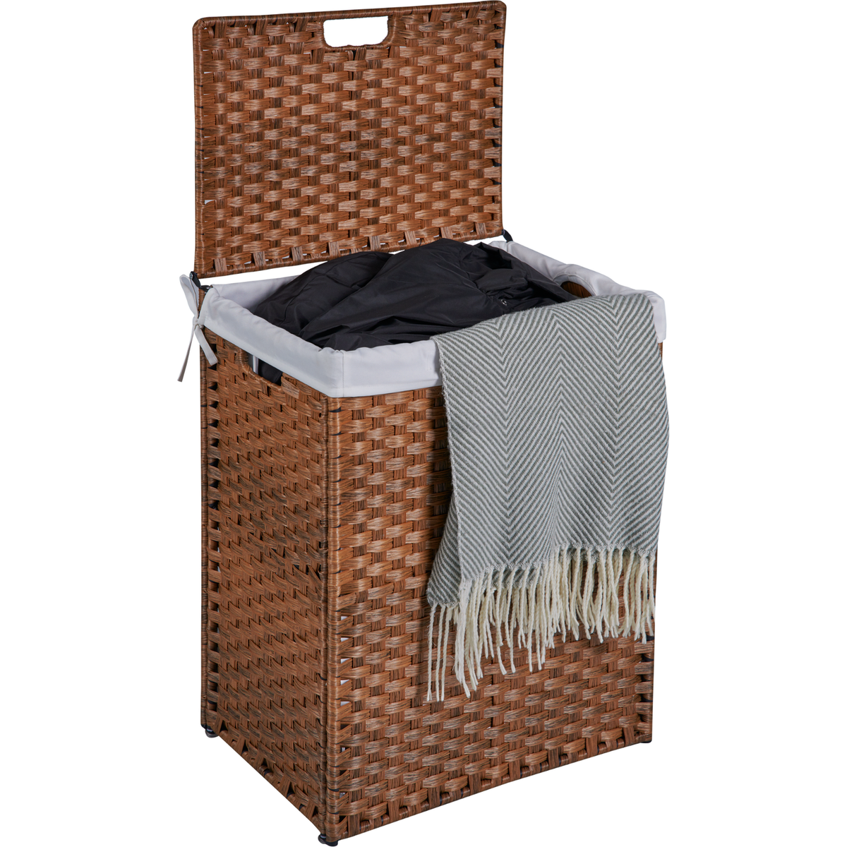 Laundry Hamper With Lid PE Rattan Powder Coating Frame Clothes Hampers with 02 Removable Bags, 100L, Brown Color