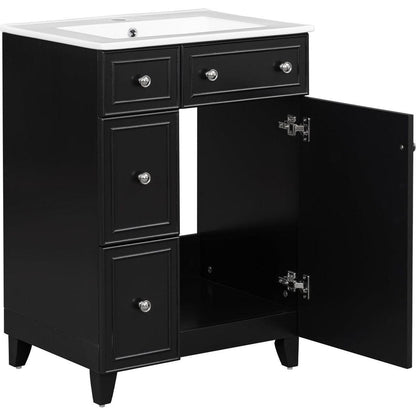 24-Inch Bathroom Vanity Cabinet with Ceramic Sink, 2 Drawers, 1 Door