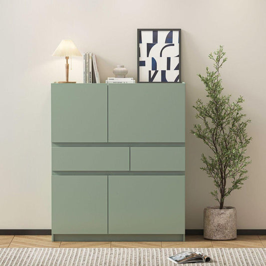 Green wooden storage cabinet with 4 doors and 2 drawers
