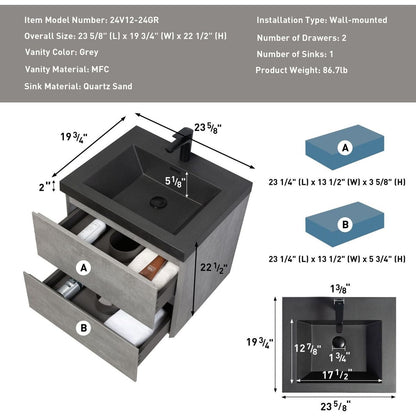 24" Floating Bathroom Vanity with Sink, Modern Wall-Mounted Bathroom Storage Vanity Cabinet with Black Quartz Sand Top Basin and Soft Close Drawers, 24V12-24GR Grey