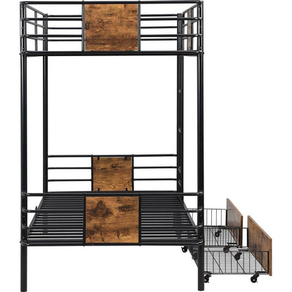 Twin XL over Twin XL Metal Bunk Bed with MDF Board Guardrail and Two Storage Drawers,Black