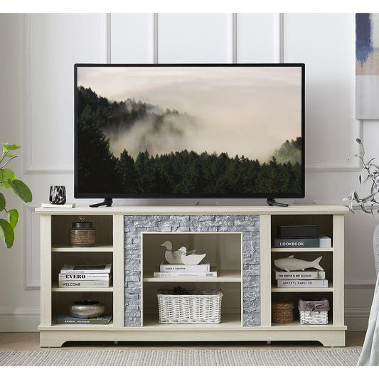 Mantel Stone TV Media Stand with with Faux Stacked Stone Surround, Modern Entertainment Console with Open Storage Space,WHITE, 58.31"Wx15.39"Dx26.06"H