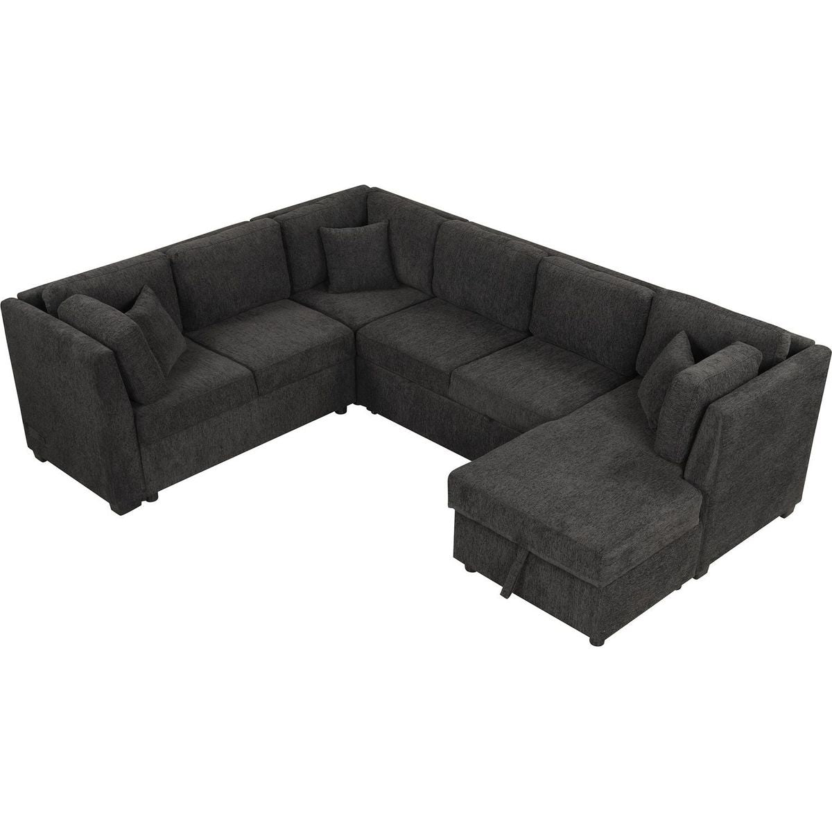 108.6" U-shaped Sectional Sofa Pull out Sofa Bed with Two USB Ports, Two Power Sockets, Three Back Pillows and a Storage Chaise for Living Room, Black