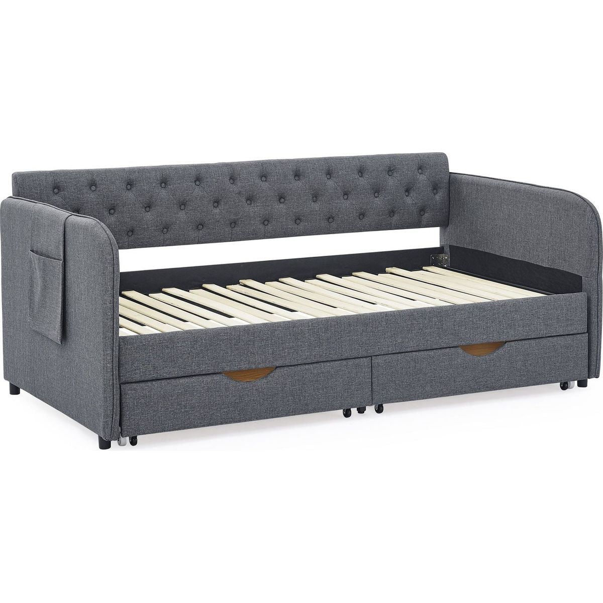 Twin Size Upholstery Daybed with Trundle Bed and Two Storage Drawers, Flat Arms with Pocket, Extendable Daybed for Bedroom Living Room,Linen Dark Gray