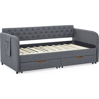 Twin Size Upholstery Daybed with Trundle Bed and Two Storage Drawers, Flat Arms with Pocket, Extendable Daybed for Bedroom Living Room,Linen Dark Gray