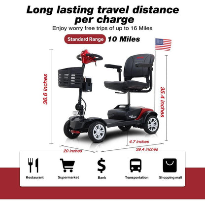 MAX SPORT RED 4 Wheels Outdoor Compact Mobility Scooter with 2pcsx12AH Lead acid Battery
