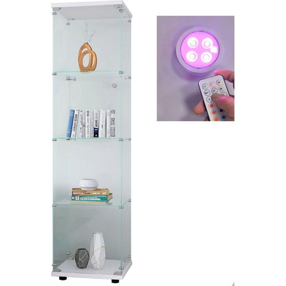 Lighted 4 Shelves Glass Cabinet Glass Display Cabinet with One Door, White