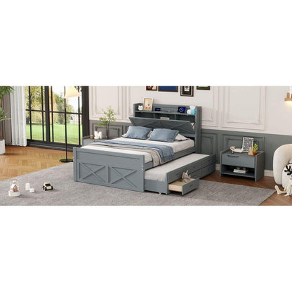 Full Size Wooden Bed with Storage Headboard with Outlets, Extendable Bed with Twin Size Trundle with Three Storage Drawers,Gray