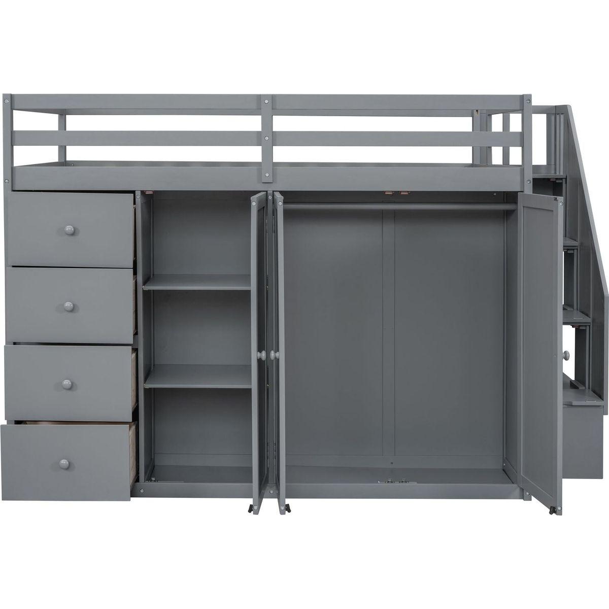Full Size Wood Loft Bed With Built-in Wardrobes, Cabinets and Drawers, Gray