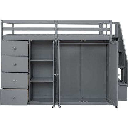 Full Size Wood Loft Bed With Built-in Wardrobes, Cabinets and Drawers, Gray