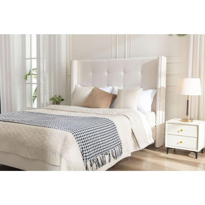 Upholstered King Bed / 54" High Headboard / Traditional Hand Buttoned Tufting / Nailhead Trim Wingback / No Box Spring Needed / Easy Assembly / Ivory Velvet
