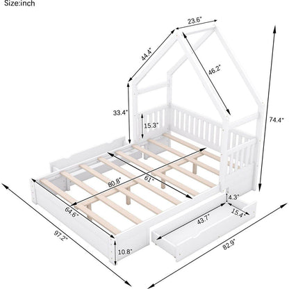 Wood Queen Size House Platform Bed with Guardrail and 2 Drawers, White