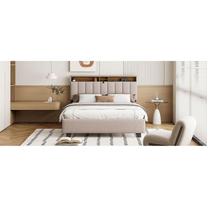 Queen size Upholstered Platform Bed with Storage Headboard, Twin XL Size Trundle & 2 drawers and a set of Sockets & USB Ports, Linen Fabric, Beige