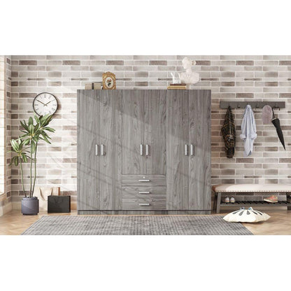 6-Doors Wooden Wardrobe Storage for Bedroom, with Big Drawers, Gray