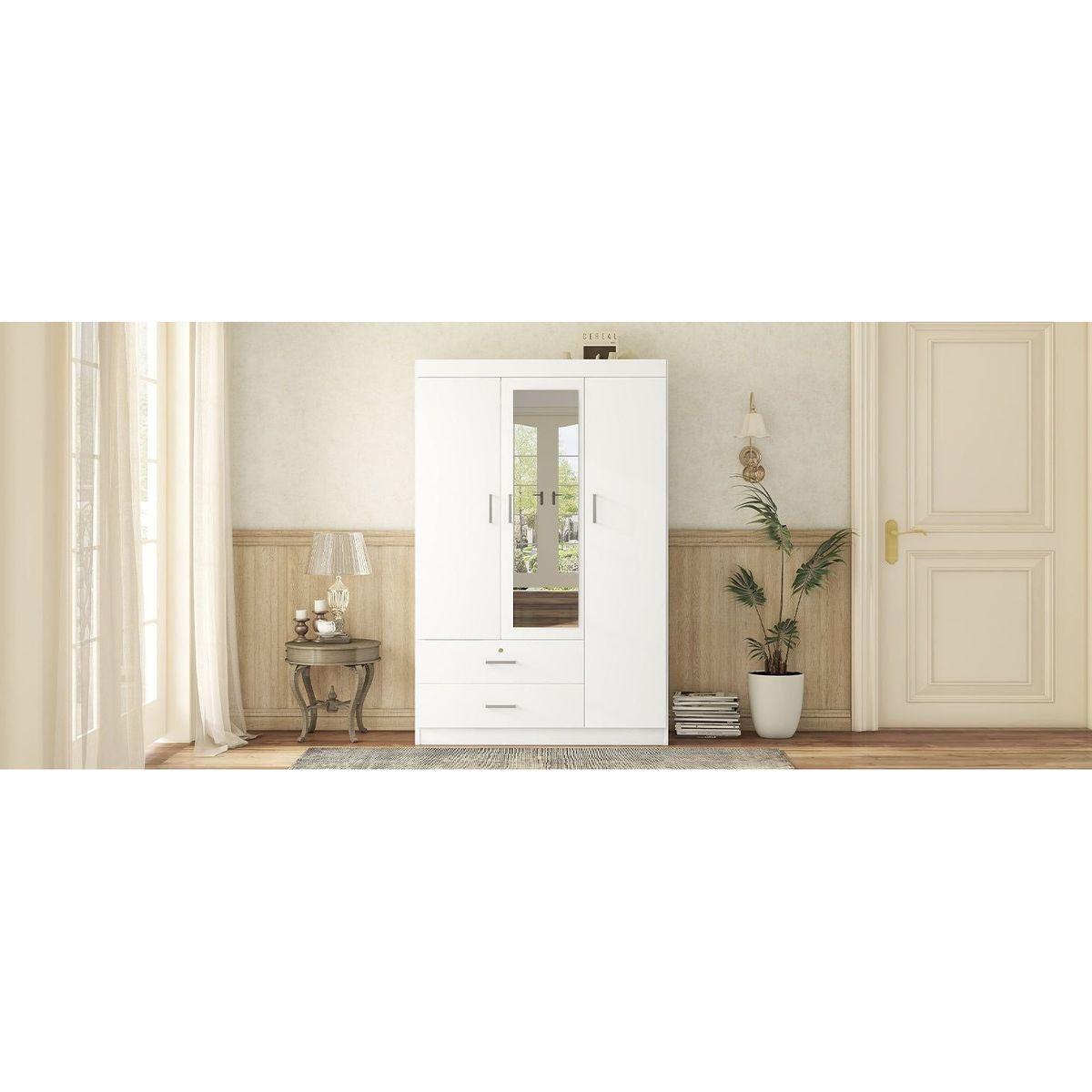3-Door Mirror Wardrobe with shelves, White - Streamdale Furniture