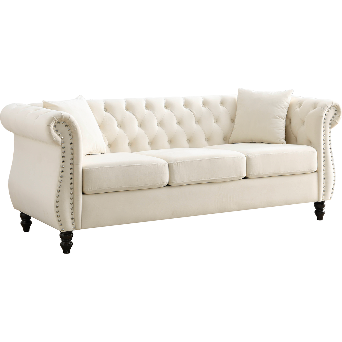 80" Chesterfield Sofa Beige Velvet for Living Room, 3 Seater Sofa Tufted Couch with Rolled Arms and Nailhead for Living Room, Bedroom, Office, Apartment, two pillows