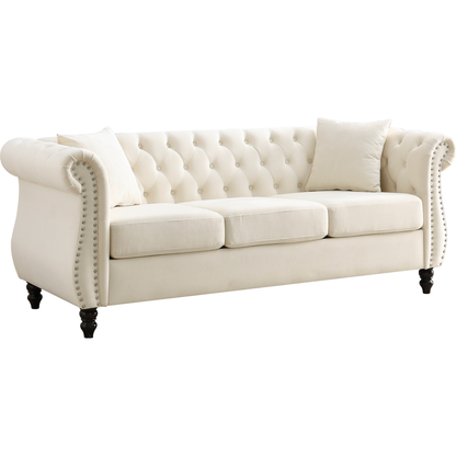 80" Chesterfield Sofa Beige Velvet for Living Room, 3 Seater Sofa Tufted Couch with Rolled Arms and Nailhead for Living Room, Bedroom, Office, Apartment, two pillows