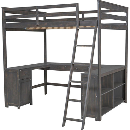 Full Size Loft Bed with U-shaped Desk, Drawers and Storage Shelves, Antique Brown