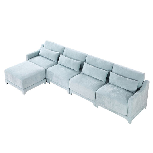 Stylish Four-Seater Sofa with Movable Ottoman in Sky Blue Chenille Fabric with Ergonomic Design
