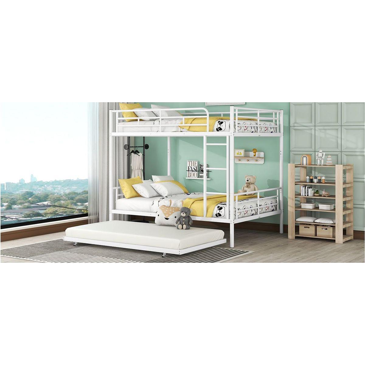 Full Over Full Metal Bunk Bed with Trundle, White