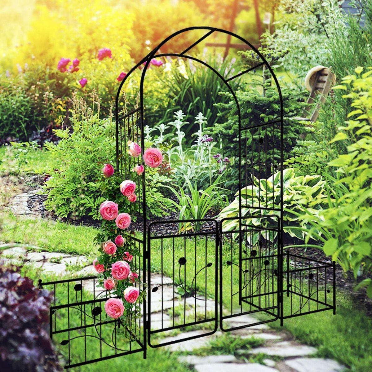 Metal Garden Arch with Gate 79.5" Wide x 86.6" High Climbing Plants Support Rose Arch Outdoor Black