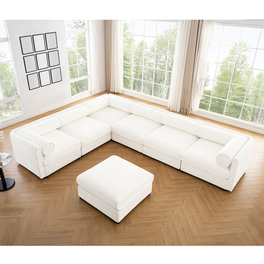 Large Modular Sectional Sofa Sectional Couch with Storage Chenille Sectional Sofa for Living Room, Cylindrical Backrest and Armrests 6 Seats,White