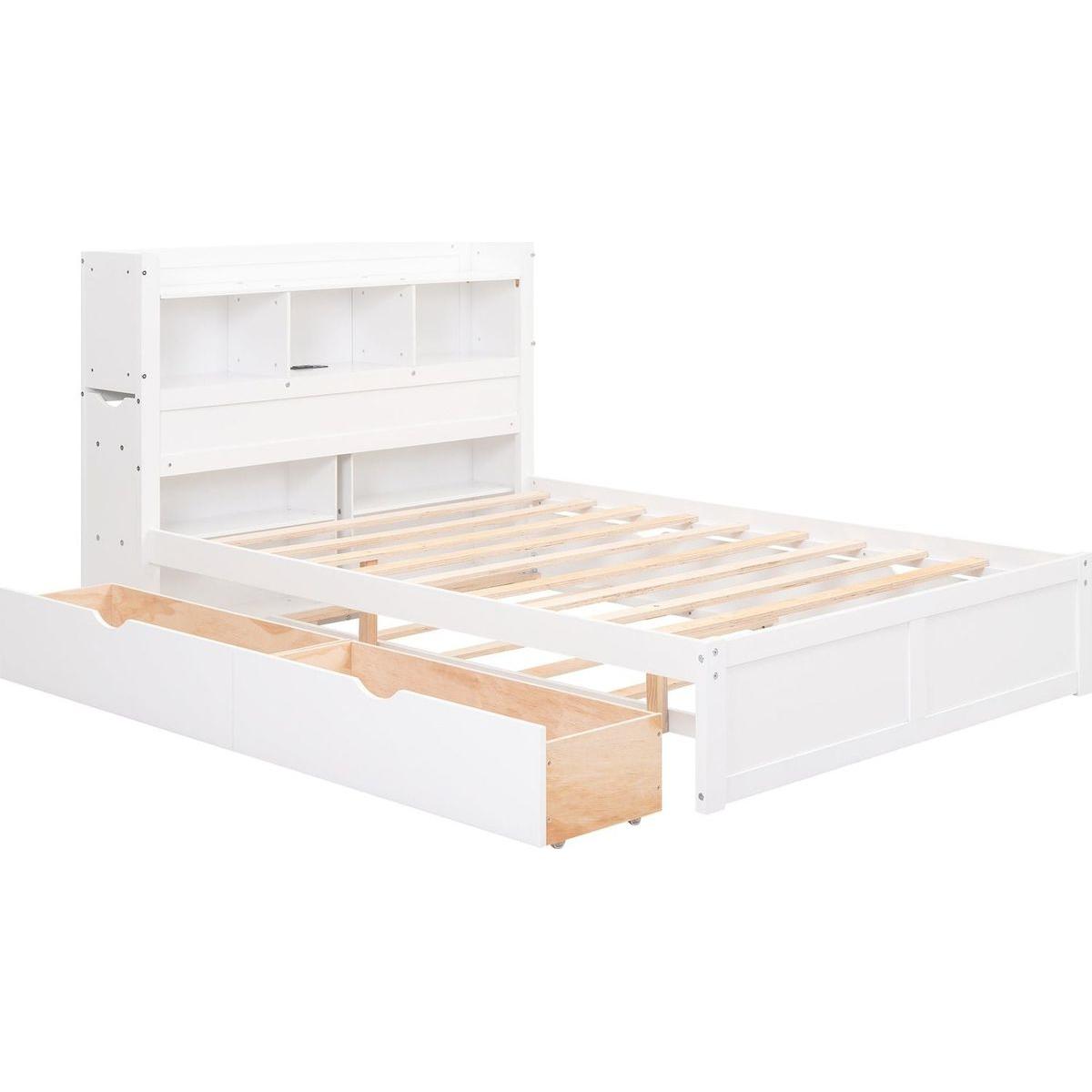 Full Size Storage Platform Bed with Pull Out Shelves, Twin Size Trundle and 2 Drawers, White